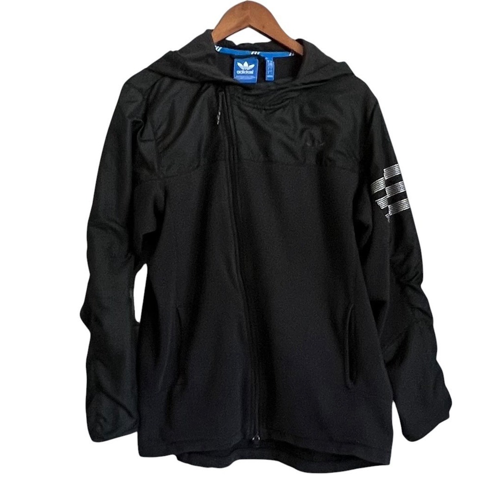 Adidas Mens Asymmetrical Full Zip Jacket Reflective Stripes Hooded Size Large